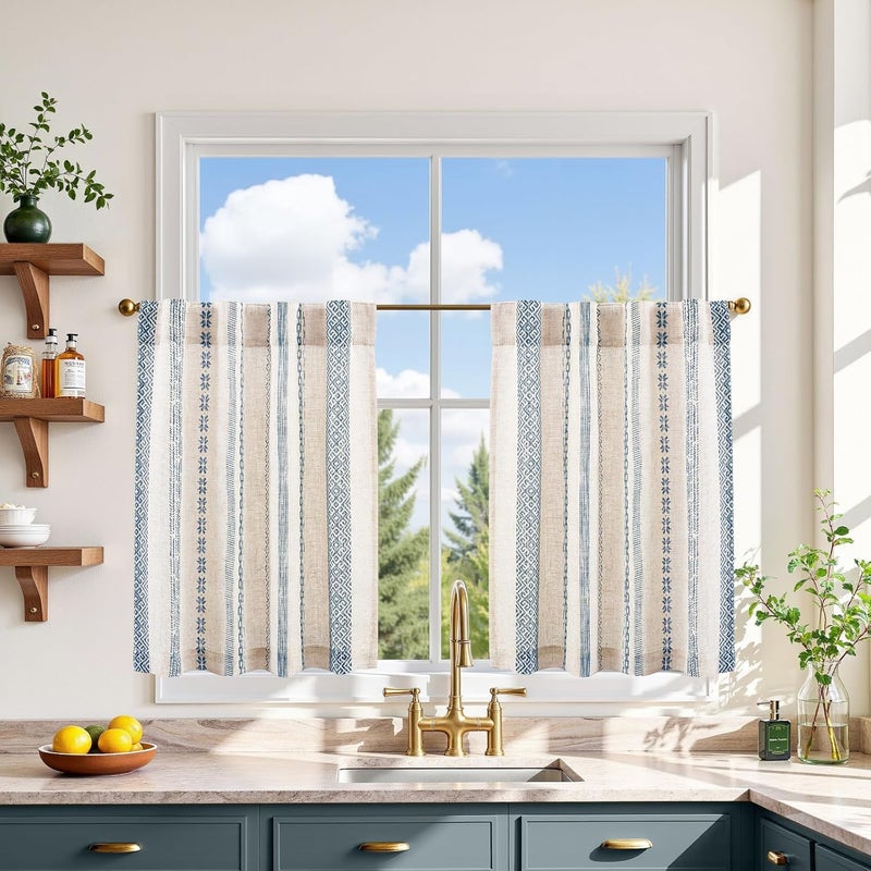 jinchan Boho Kitchen Curtains 24 Inch Linen Tier Curtains with Geometric Pattern Bohemian Cafe Small Light Filtering Window Treatment for Living Room RV Back Tab 2 Panels Blue on Linen - Image 1